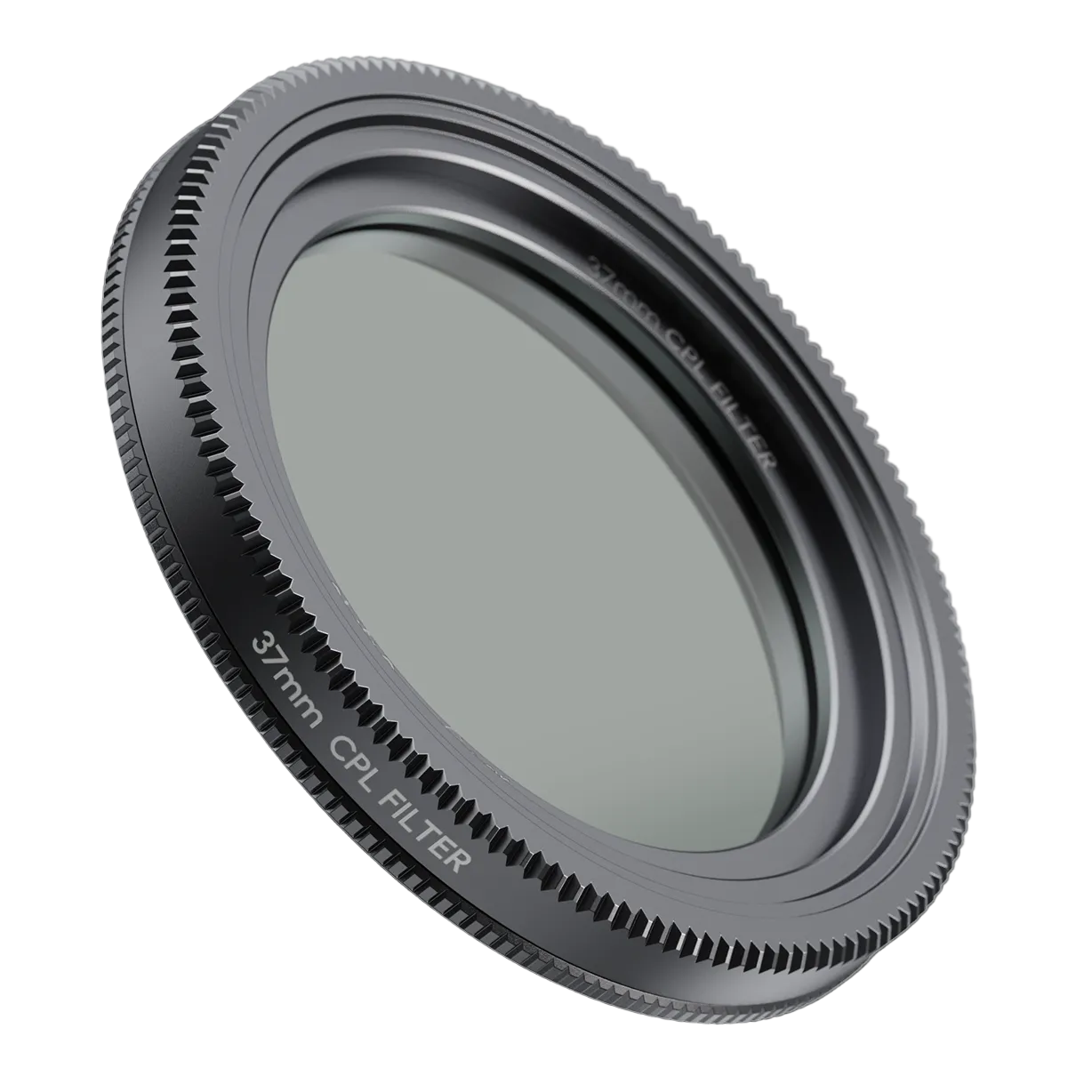 Camera lens filter with '37mm CPL FILTER' text on a black background