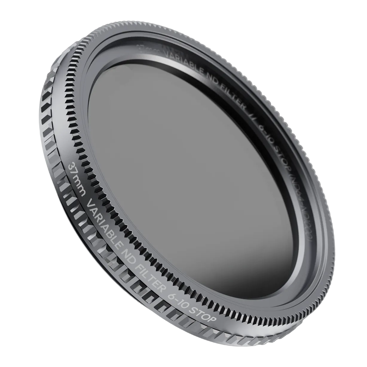 Camera lens filter with metallic rim on a black background