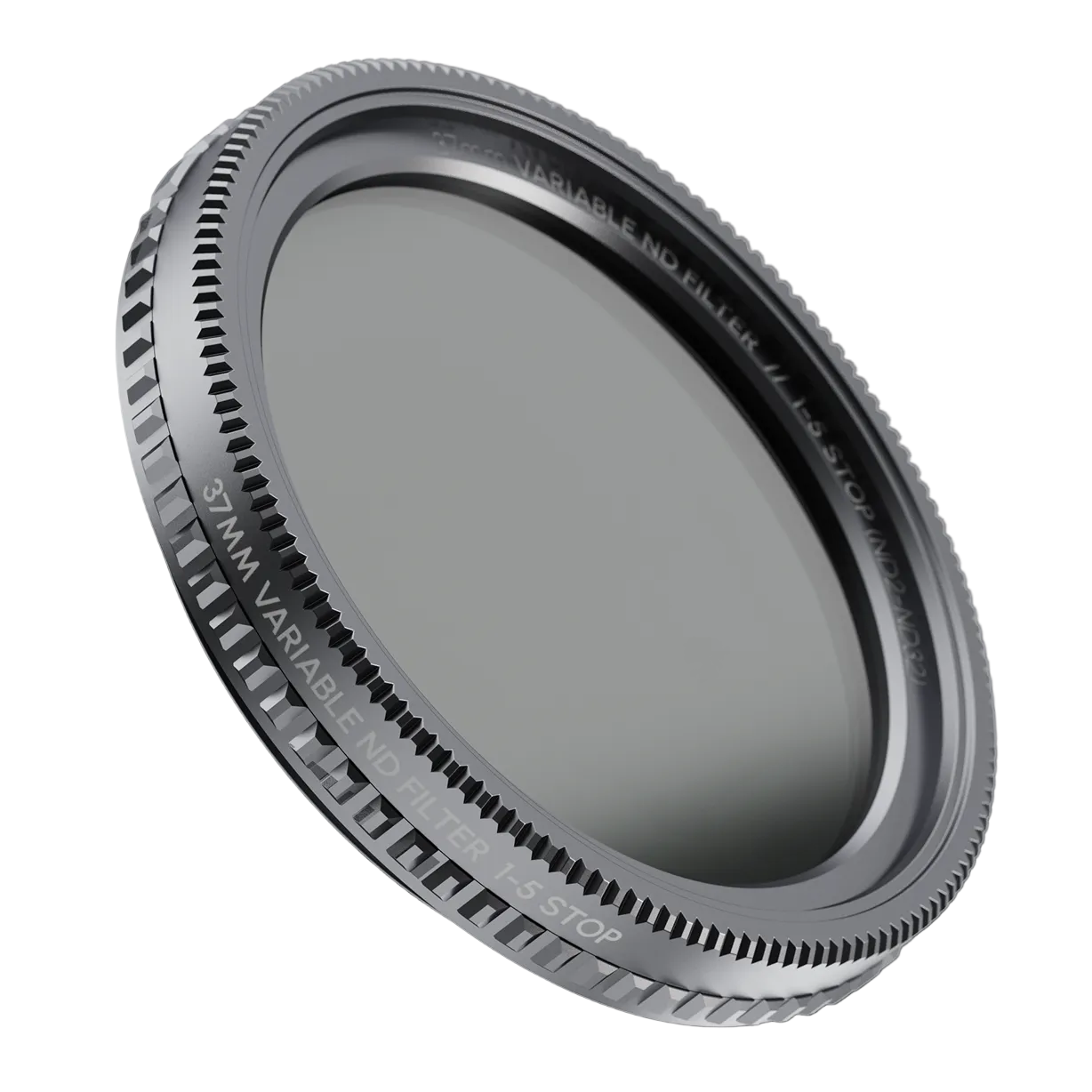 Camera lens filter with metallic rim on a black background